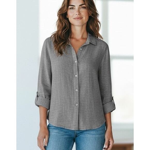 J. Jill Love Linen Blouse Tunic 100% Linen Heather Gray SZ Med Office Preppy - Picture 1 of 10